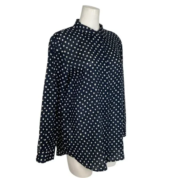 Lafayette 148 Linen Button Front Shirt L Blue Polka Dot - Picture 4 of 16